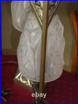 Paire de Lampe de bureau Art Déco en bronze tulipe en verre pressé signé Hubens