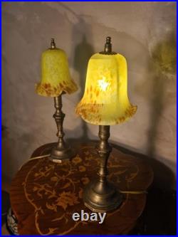 Paire de lampes de chevet laiton et pate de verres jaunes 1930 art deco 42x14 e