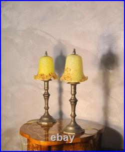 Paire de lampes de chevet laiton et pate de verres jaunes 1930 art deco 42x14 e