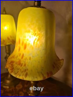 Paire de lampes de chevet laiton et pate de verres jaunes 1930 art deco 42x14 e