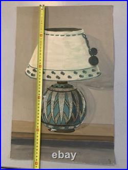 Peinture 1930 Gouache Papier Nature Morte Lampe Art Deco Painting Céramique Old