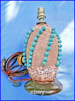 Pied de lampe Art Déco en céramique décor de perles bleues turquoise