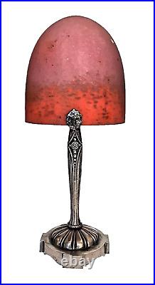 RETHONDES signé lampe Art Deco H 36cm pate de verre teintes rouges bronze nickel