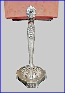 RETHONDES signé lampe Art Deco H 36cm pate de verre teintes rouges bronze nickel