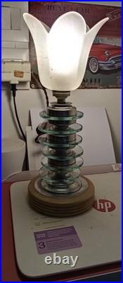 Rare Lampe Art Déco D'époque En Verre Et Aluminium