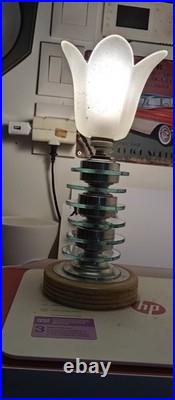 Rare Lampe Art Déco D'époque En Verre Et Aluminium