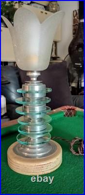 Rare Lampe Art Déco D'époque En Verre Et Aluminium