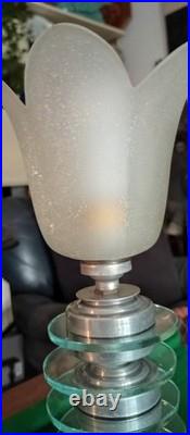 Rare Lampe Art Déco D'époque En Verre Et Aluminium