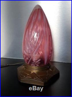 Rare Lampe Plafonnier Obus En Verre Rose Opalescent Art Nouveau Jugenstill 1900