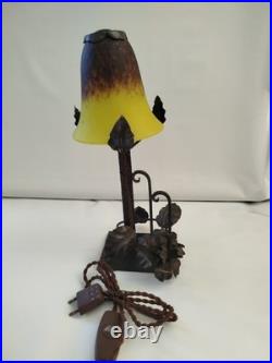 SCHNEIDER Lampe art déco fer forgé 1920 Tulipe pâte de verre pressé signé