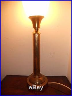SPLENDIDE PAIRE GRANDE LAMPE ART DECO 60cm LAITON CANNELÉ DIFFUSEUR OPALIN 40/50