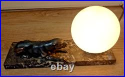 Splendide Panthère Lampe Veilleuse Art Déco sur Socle en Marbre Verre Opalin