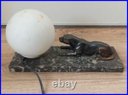 Splendide Panthère Lampe Veilleuse Art Déco sur Socle en Marbre Verre Opalin