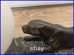 Splendide Panthère Lampe Veilleuse Art Déco sur Socle en Marbre Verre Opalin