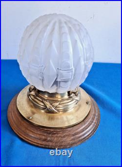 Superbe Gros Globe Art Deco Verre Presse Moule Sur Support Bronze Et Bois