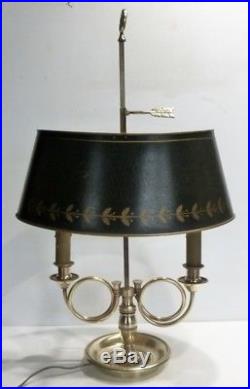 Superbe LAMPE BOUILLOTTE en Bronze et Abat-jour en Tôle Décor Cors de Chasse