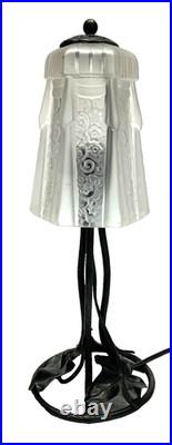 Superbe LAMPE CHAMPIGNON art-déco fer forgé tulipe pâte de verre