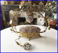 Superbe Lampe Art Déco Bronze & Verre Panier Fleuri Fleurs Verre Globe 50 cm