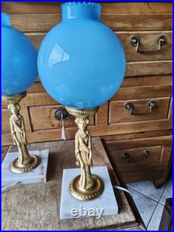 Superbe Paire De Lampe Bleu Opaline Marbre XXeme