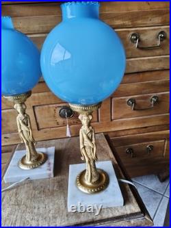 Superbe Paire De Lampe Bleu Opaline Marbre XXeme