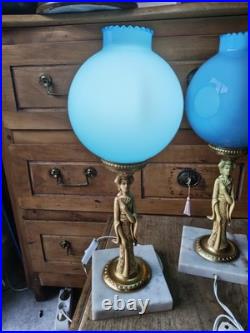 Superbe Paire De Lampe Bleu Opaline Marbre XXeme