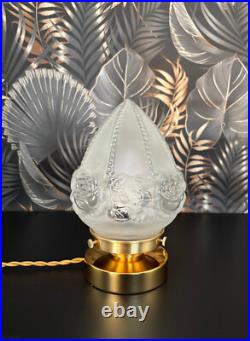 Superbe lampe globe en verre dépoli, motif perle et rose style Art déco