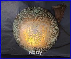 Vasque lustre lampe 1900 décor émaillé de plumes de paons Très bon état 38 cms