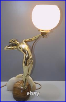 -exceptionnelle Lampe Art Deco Jeune Femme Bronze Socle Albatre & Pierre D