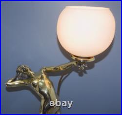 -exceptionnelle Lampe Art Deco Jeune Femme Bronze Socle Albatre & Pierre D