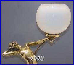-exceptionnelle Lampe Art Deco Jeune Femme Bronze Socle Albatre & Pierre D