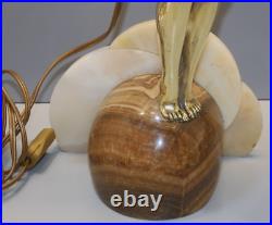 -exceptionnelle Lampe Art Deco Jeune Femme Bronze Socle Albatre & Pierre D