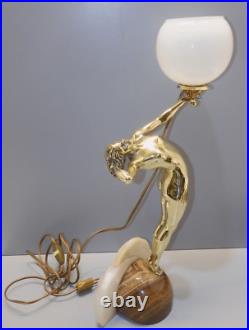 -exceptionnelle Lampe Art Deco Jeune Femme Bronze Socle Albatre & Pierre D