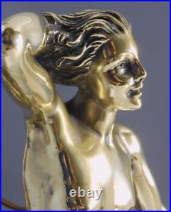 -exceptionnelle Lampe Art Deco Jeune Femme Bronze Socle Albatre & Pierre D
