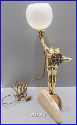 -exceptionnelle Lampe Art Deco Jeune Femme Bronze Socle Albatre & Pierre D