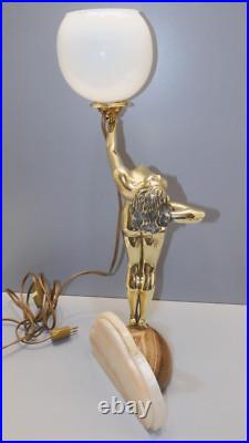 -exceptionnelle Lampe Art Deco Jeune Femme Bronze Socle Albatre & Pierre D