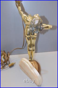-exceptionnelle Lampe Art Deco Jeune Femme Bronze Socle Albatre & Pierre D