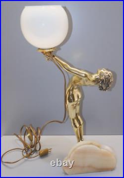 -exceptionnelle Lampe Art Deco Jeune Femme Bronze Socle Albatre & Pierre D