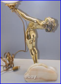 -exceptionnelle Lampe Art Deco Jeune Femme Bronze Socle Albatre & Pierre D