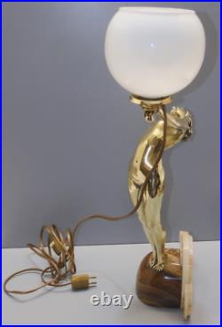 -exceptionnelle Lampe Art Deco Jeune Femme Bronze Socle Albatre & Pierre D