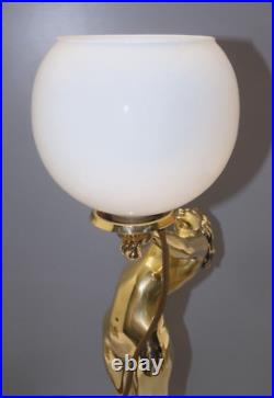 -exceptionnelle Lampe Art Deco Jeune Femme Bronze Socle Albatre & Pierre D